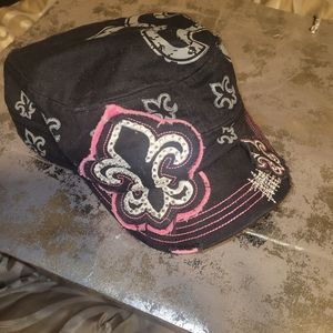 Black Pink Gray Fleur de Lis Hat Adjustable Pony Tail Opening